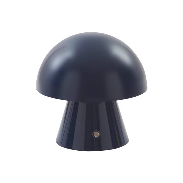 Pilzförmige Tischleuchte in Dunkelblau mit glänzender Oberfläche und Einschaltknopf am Sockel.