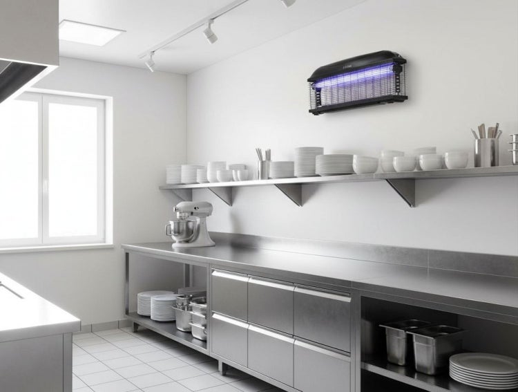 Elektrischer Insektenvernichter mit UV-Licht an einer Wand in einer hellen, organisierten Profiküche aus Edelstahl mit Regalen und Geschirr.