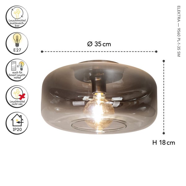 Deckenleuchte aus Glas mit E27 Fassung, Durchmesser 35 Zentimeter, Höhe 18 Zentimeter, Schutzart IP20, Leuchtmittel austauschbar.