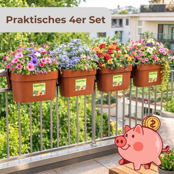 Praktisches Set von 4 GarPet Balkonkästen aus Kunststoff in Braun, bepflanzt mit bunten Blumen am Balkongeländer, Sparvorteil.