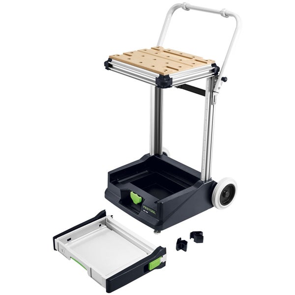 Festool Mobile Werkstatt MW 1000 mit hölzerner Arbeitsfläche, Rollen, Schiebebügel und einer ausziehbaren Schublade.