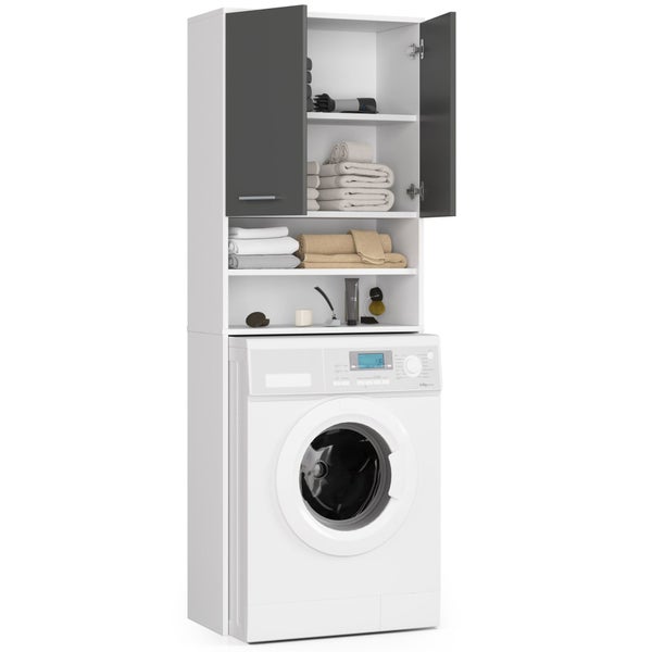 Waschmaschine mit Waschmaschinenumbauschrank und offenen Regalen