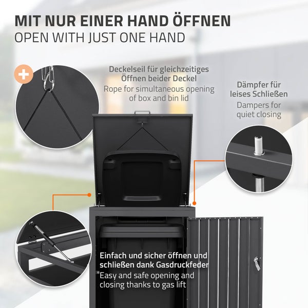 Mülltonnenbox aus Metall mit Gasdruckfeder, Deckelseil zum gleichzeitigen Öffnen und Dämpfern für leises Schließen.