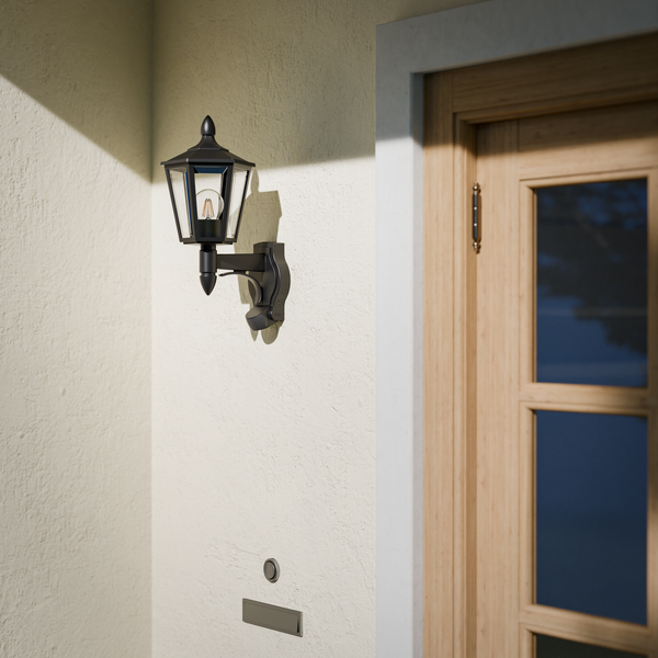 Schwarze Außenwandleuchte im Laternen-Design mit Bewegungsmelder, montiert an einer Fassade neben einer Holztür.