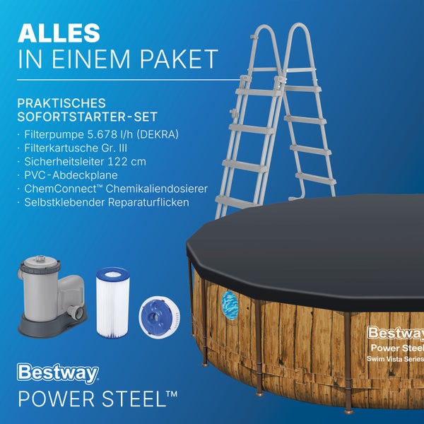 Bestway Power Steel Swim Vista Series Pool-Set, Holzoptik, Sichtfenster, Filterpumpe, Filterkartusche, Sicherheitsleiter, Plane und Dosierer.