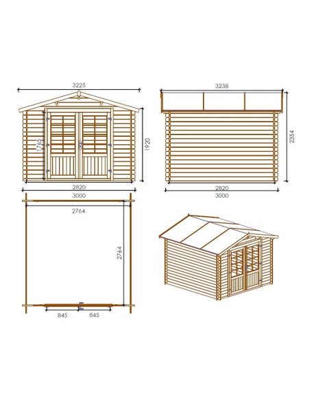Technische Zeichnung eines Gartenhauses aus Holz mit Maßen in Millimetern, Vorderansicht, Seitenansicht, Grundriss und dreidimensionaler Ansicht.