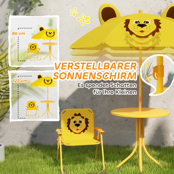 Gelbe Kindersitzgruppe mit Sonnenschirm, Tisch und Stuhl mit Löwenmotiv