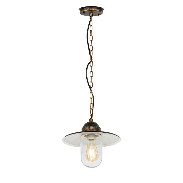 Pendelleuchte aus bronzefarbenem Metall mit klarem Glasgehäuse und Kettenaufhängung.