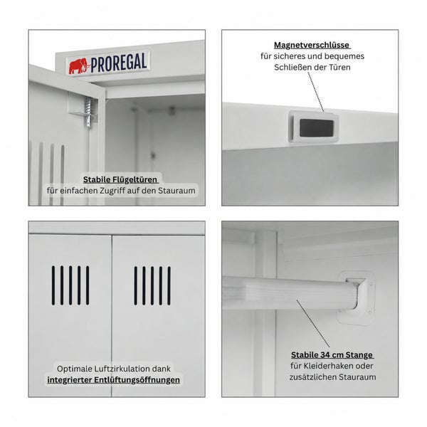Detailansicht eines Proregal Stahlschranks mit Flügeltüren, Magnetverschlüssen, Belüftungsschlitzen und integrierter Kleiderstange.