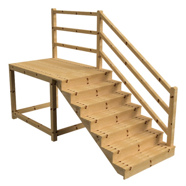 Holztreppe mit Geländer und Plattform