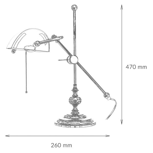 Skizze einer Schreibtischlampe mit den Maßen 260 mm Breite und 470 mm Höhe