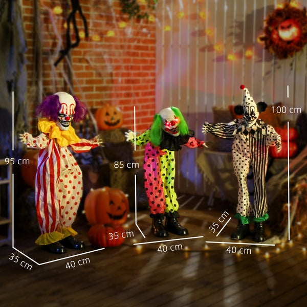 Drei gruselige Halloween Clown Figuren mit leuchtenden Augen und Maßangaben als Deko für Haus und Garten.