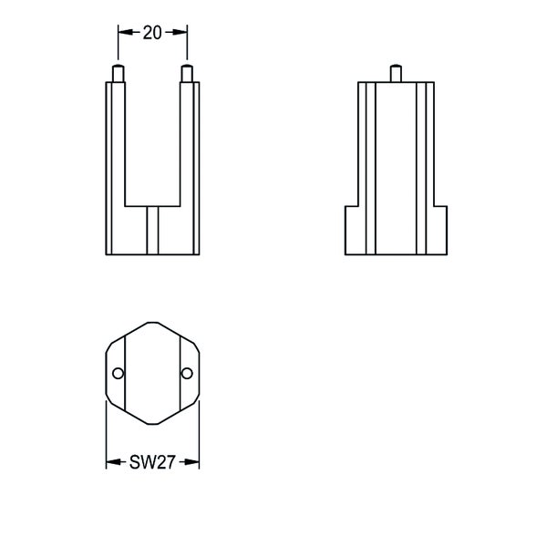 Technische Zeichnung eines Montagewerkzeugs mit dem Maß 20 und Schlüsselweite 27.