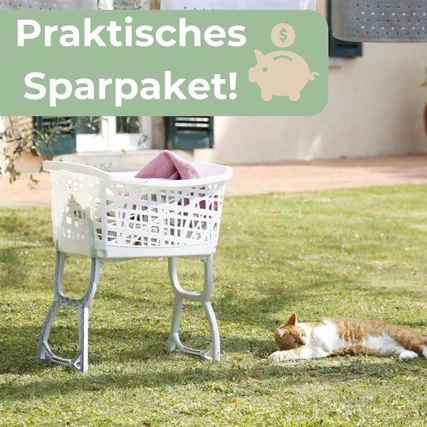 Wäschekorb auf Beinen im Aussenbereich mit Katze