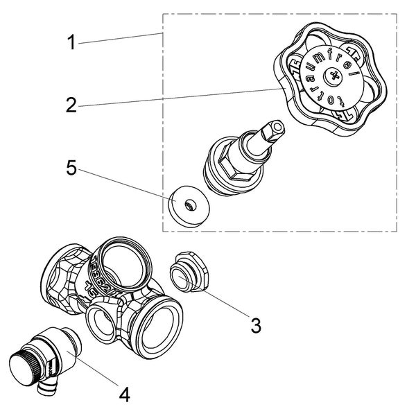 Explosionszeichnung einer Armatur mit nummerierten Einzelteilen.