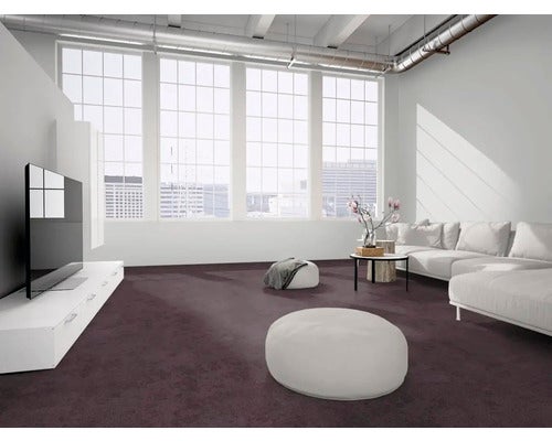 Modernes, helles Wohnzimmer mit großen Fenstern, weißem Sofa und dunkelviolettem Teppichboden.