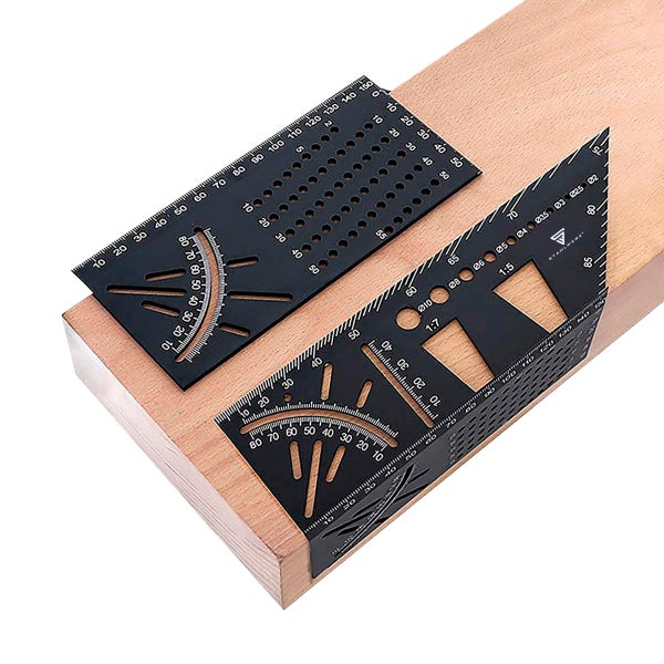 STAHLWERK 2er Set Gehrungswinkel-Lineal mit Anschlag und Bohrlehre 3D-Winkel