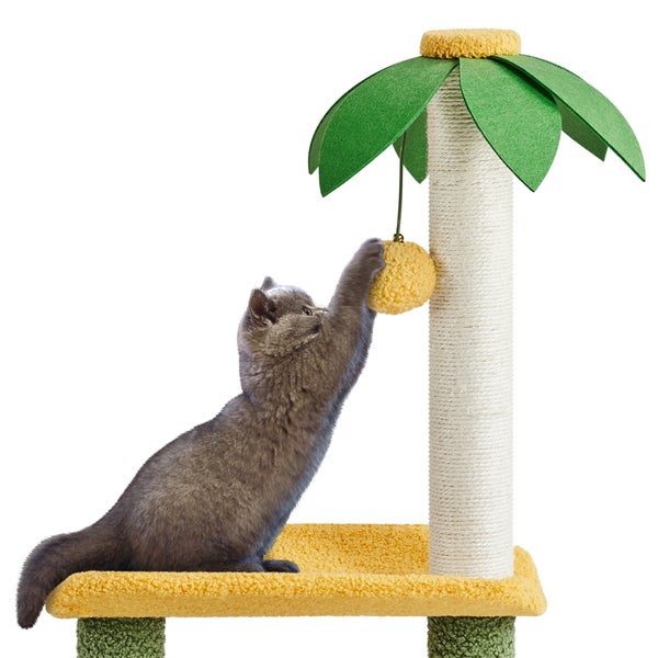 Katze spielt mit einem Kratzbaum in Form einer Palme