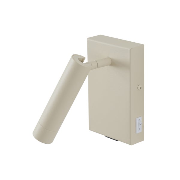 Beige LED-Wandleseleuchte aus Metall mit verstellbarem Zylinderkopf und integriertem Wippschalter.