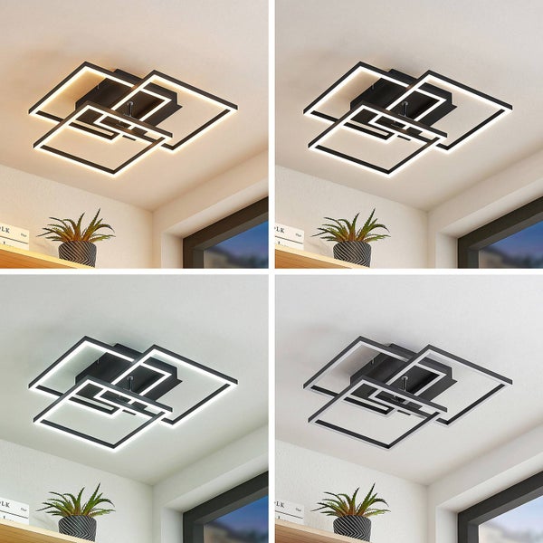 Moderne schwarze LED-Deckenleuchte mit quadratischen Rahmen, dargestellt in verschiedenen Farbtemperaturen in einem hellen, organisierten Raum.