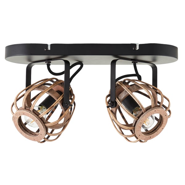 mokebo Deckenlampe oder Boho Lampe mit Rattan 'Die Natürliche', vintage Deckenstrahler dimmbar mit 2 spots, schwarz mit Lampenschirm aus Rattan Holz