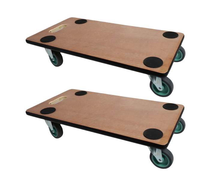 Zwei Transportroller aus Holz mit vier Lenkrollen, Anti-Rutsch-Punkten und integriertem Tragegriff.