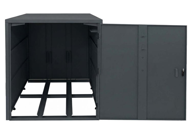 Grauer Küchenunterschrank oder Sideboard mit drei Schubladen und verstellbaren Füßen.