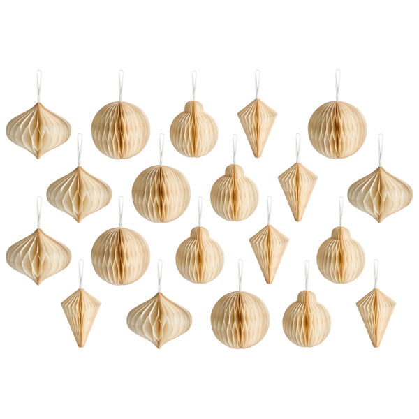 20-teiliges Set Weihnachtsanhänger aus Papier in Wabenoptik, verschiedene Formen wie Kugeln und Rauten, beige.
