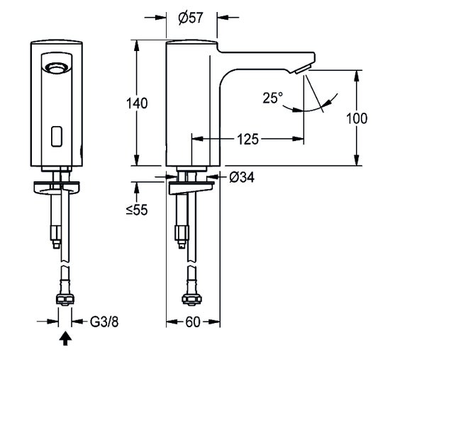 Maßzeichnung einer Waschtischarmatur mit einer Höhe von 140 Millimetern und einer Ausladung von 125 Millimetern.