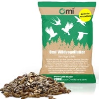 Orni Wildvogelfutter im 20 Kilogramm Sack mit einer Portion Futter davor
