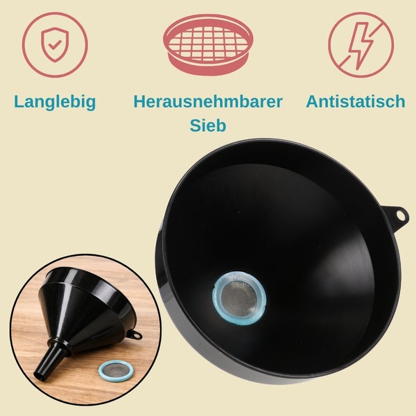 Schwarzer Trichter mit herausnehmbarem Sieb, gekennzeichnet als langlebig und antistatisch