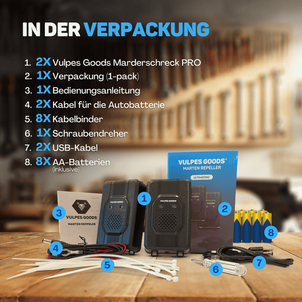 Vulpes Goods Marderschreck Auto - Marderabwehr Ultraschall & Blitzlicht - Marderschutz - 12V Auto, Batterie, USB - 2 Stück