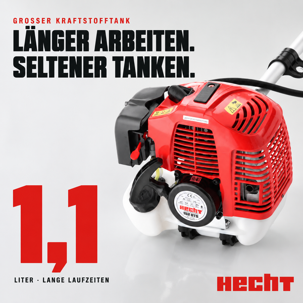 Motor der Hecht Benzin-Motorsense 152 BTS mit 1,1 Liter Kraftstofftank für lange Laufzeiten.