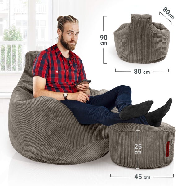 Green Bean Sitzsack mit Hocker aus Cord - Sitzsäcke für das Wohnzimmer, Schlafzimmer, Sitzsack-Sessel für Erwachsene Dunkelgrau