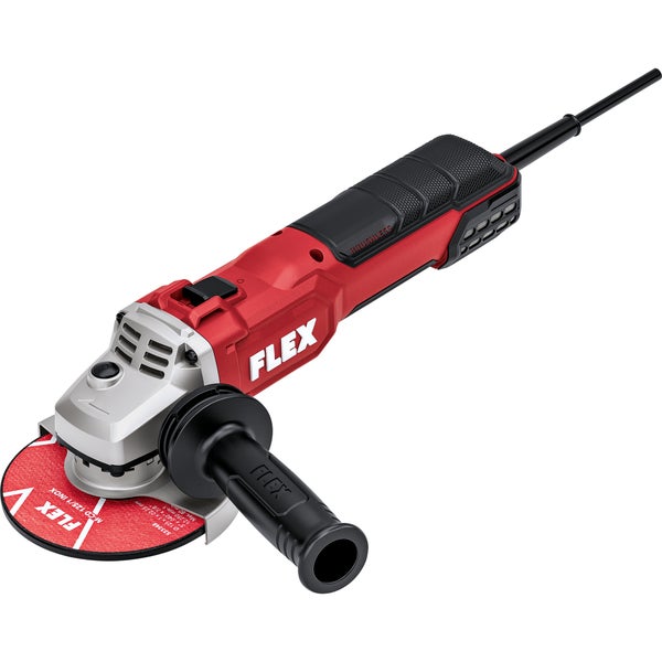 FLEX Winkelschleifer mit bürstenlosem Motor, inklusive Trennscheibe und Seitengriff für präzise Metallbearbeitung.