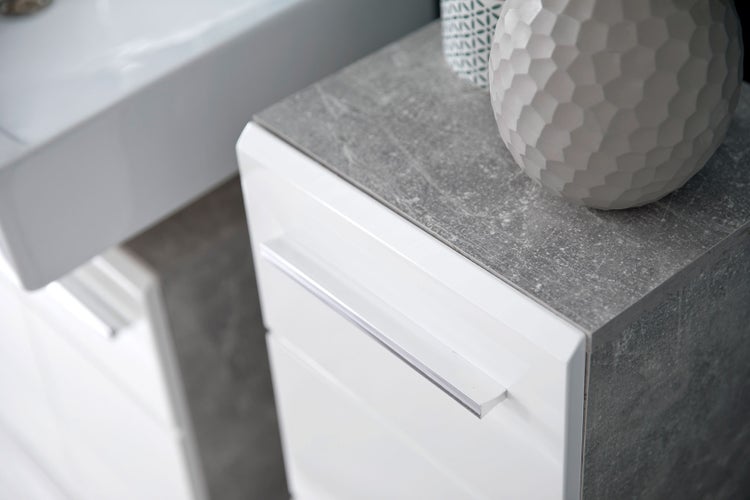 NanoBad Badschrank 1 Tür, 1 Einlegeboden Beton Stone Dekor, weiß Hochglanz. 32 X 28 X 82 cm