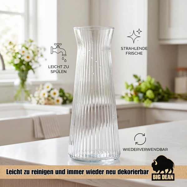 Durchsichtige Blumenvase aus Glas mit Rillenstruktur, geeignet als Wohnzimmerdekoration, leicht zu reinigen und wiederverwendbar.