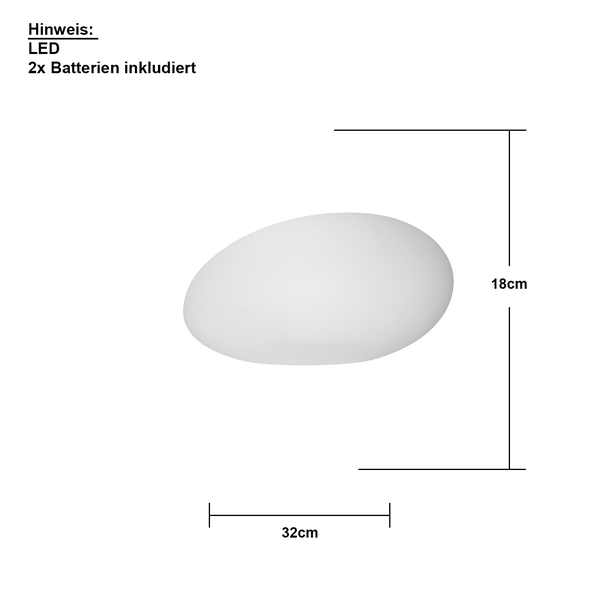 Abbildung einer LED-Lampe in Kieselform mit den Maßen 32 mal 18 Zentimeter. LED und zwei Batterien sind inklusive.