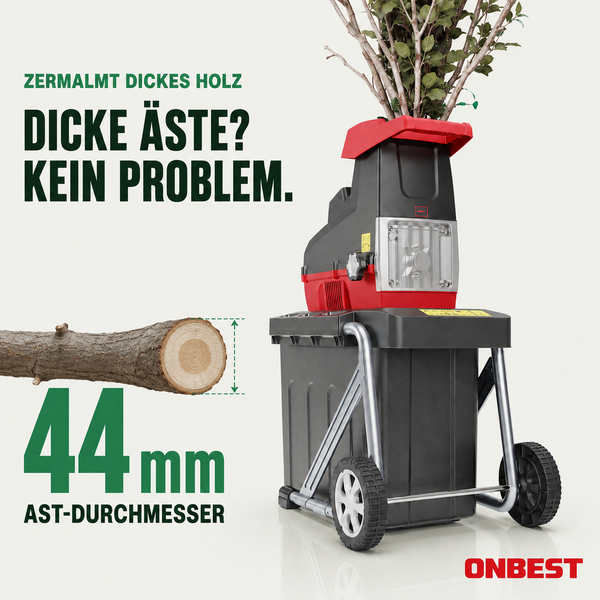 Onbest Gartenhäcksler für Äste bis zu 44 Millimeter Durchmesser mit Auffangbehälter und Rädern. Onbest Logo.