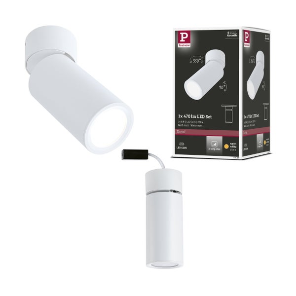 Zylindrische LED Aufbauleuchte mit technischer Zeichnung und Darstellung der Drehbarkeit sowie der dreistufigen Dimmfunktion inklusive Garantie.