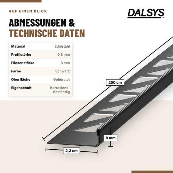 Technische Zeichnung der Dalsys Fliesenschiene aus Edelstahl mit Maßangaben von 250 Zentimeter Länge und 8 Millimeter Fliesenstärke.