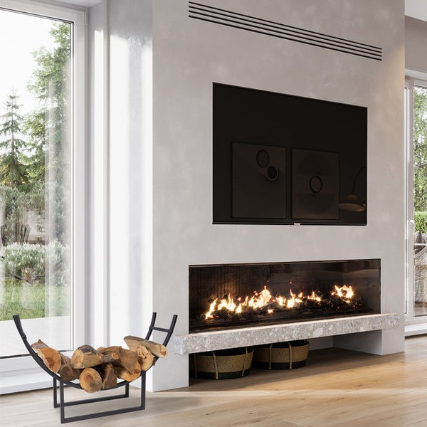 FLOORDIREKT Kaminholzregal Santorini - Schwarz - Rundes Brennholzregal - für Innen und Außen - 92 x 55 x 21 cm