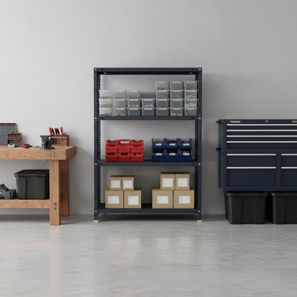 Organisierte Werkstatt mit blauem Metallregal, hölzerner Werkbank und blauem Werkzeugwagen. Die Regalfächer enthalten diverse Aufbewahrungsboxen.