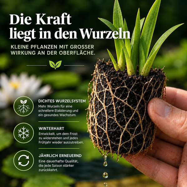 Hand hält eine Teichpflanze mit einem dichten, gut entwickelten Wurzelballen, eingebettet in Textinformationen über Wurzelkraft und Pflanzenpflege.