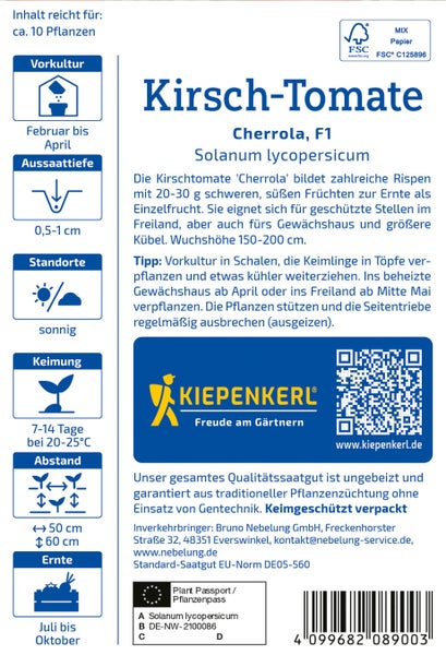 Saatgut für Kirschtomaten Sorte Cherrola F1 auf einer Informationskarte mit Anbauhinweisen und Kiepenkerl Logo sowie FSC Zertifizierung.