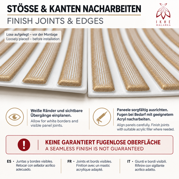 Anleitung zur Nachbearbeitung von Stoessen und Kanten bei Wandpaneelen mit Hinweis auf sichtbare Uebergaenge und Verwendung von Acryl.