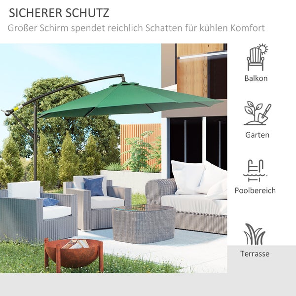 Outsunny Sonnenschirm, Ampelschirm mit Handkurbel Rund, Stahlbogenstäbe und Stahl-Stehstäbe, Ø2,95 x 2,45H m, Polyestergewebe, Grün