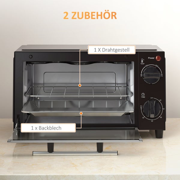 Mini-Backofen mit geöffneter Tür, inklusive einem Drahtgestell und einem Backblech als Zubehör.