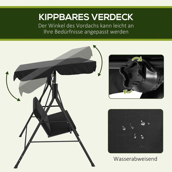 Outsunny Hollywoodschaukel mit verstellbarem Sonnendach, 3-Sitzer Gartenschaukel mit Anti-Rutsch-Füßen, wasserabweisend Schaukelbank belastbar bis 200 kg, für Garten, 172x110x153cm, Schwarz