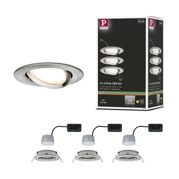 LED Einbauleuchte 3-Step-Dim Nova Coin Basisset schwenkbar rund 84mm 50° Coin 3x6W 3x470lm 230V dimmbar 2700K Eisen gebürstet